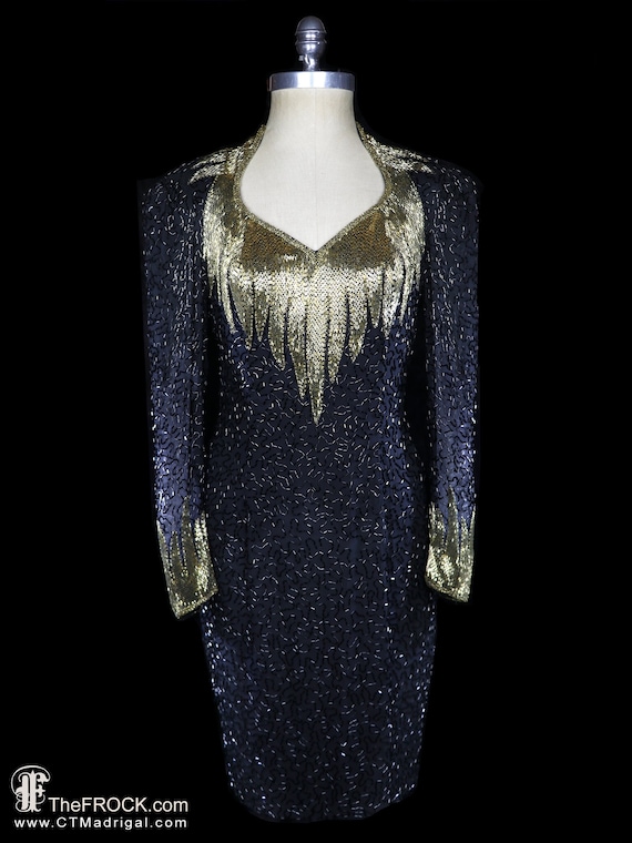 SAKS Beaded Dress Gold Black Bugle Bead Cocktail Gown Silk Chiffon Trophy Party Reception Evening Red Carpet Cocktail Open Back Not Backless Etsy Australia
