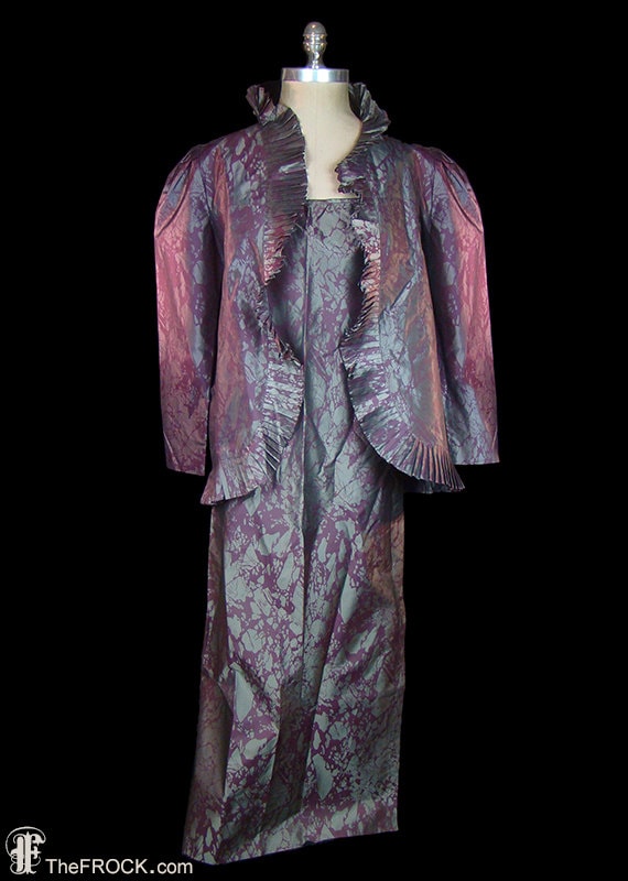 Ted Lapidus Evening Dress And Matching Jacket Avant Garde Ensemble With Sculptural Pleated Origami Trims Nearly Metallic Gunmetal Gray