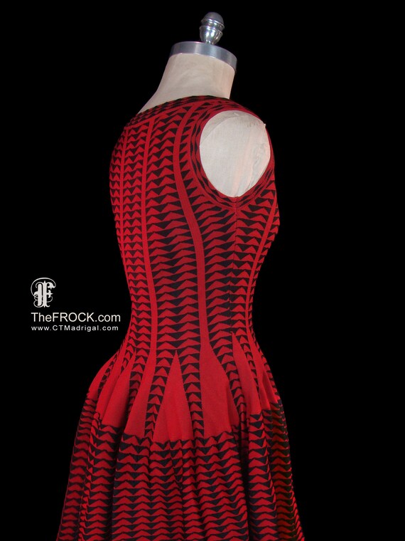 Azzedine Alaia Dress, Red Black Stretch Knit, Sleeveless Body Con