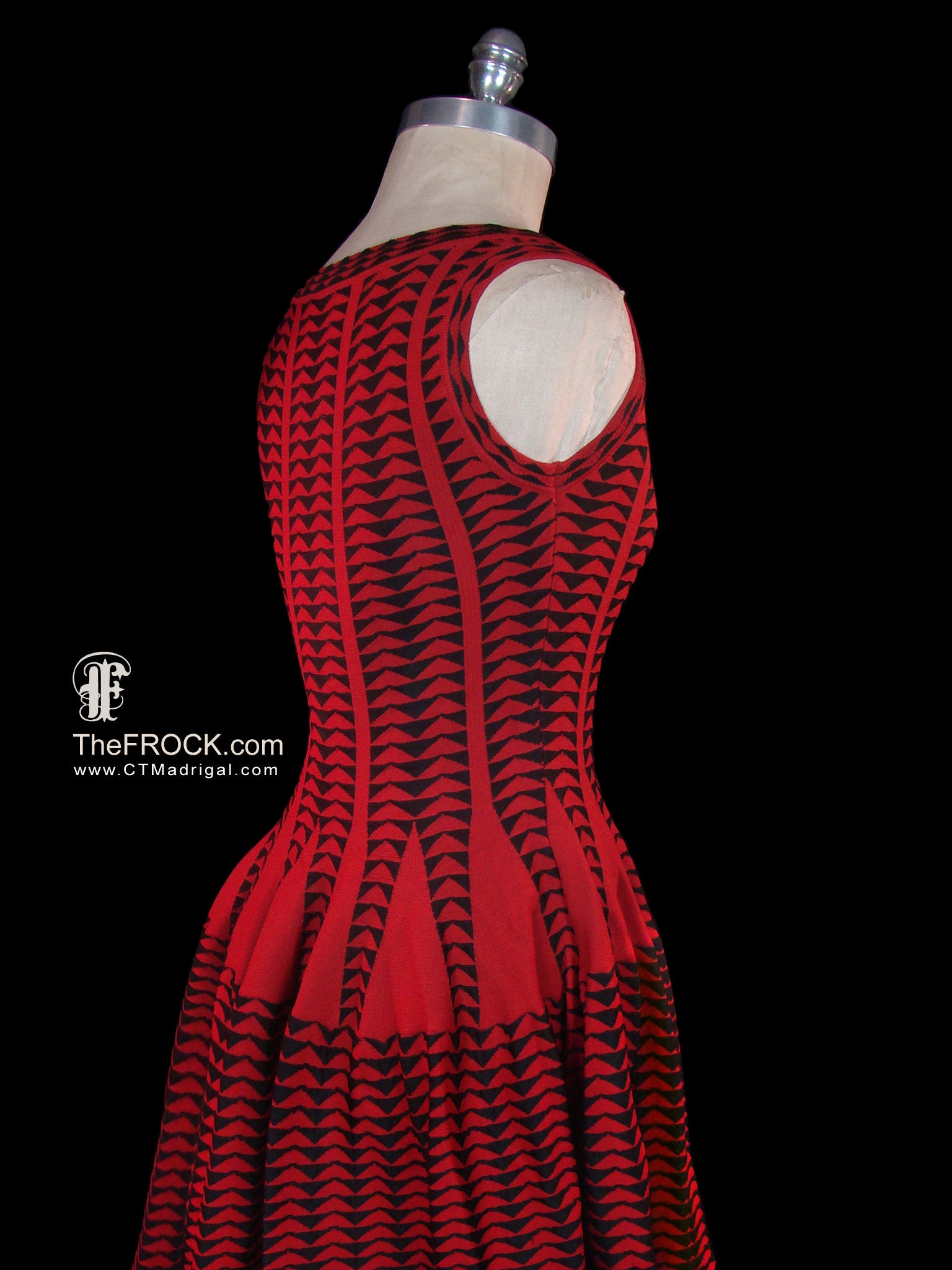 Azzedine Alaia Dress, Red Black Stretch Knit, Sleeveless Body Con