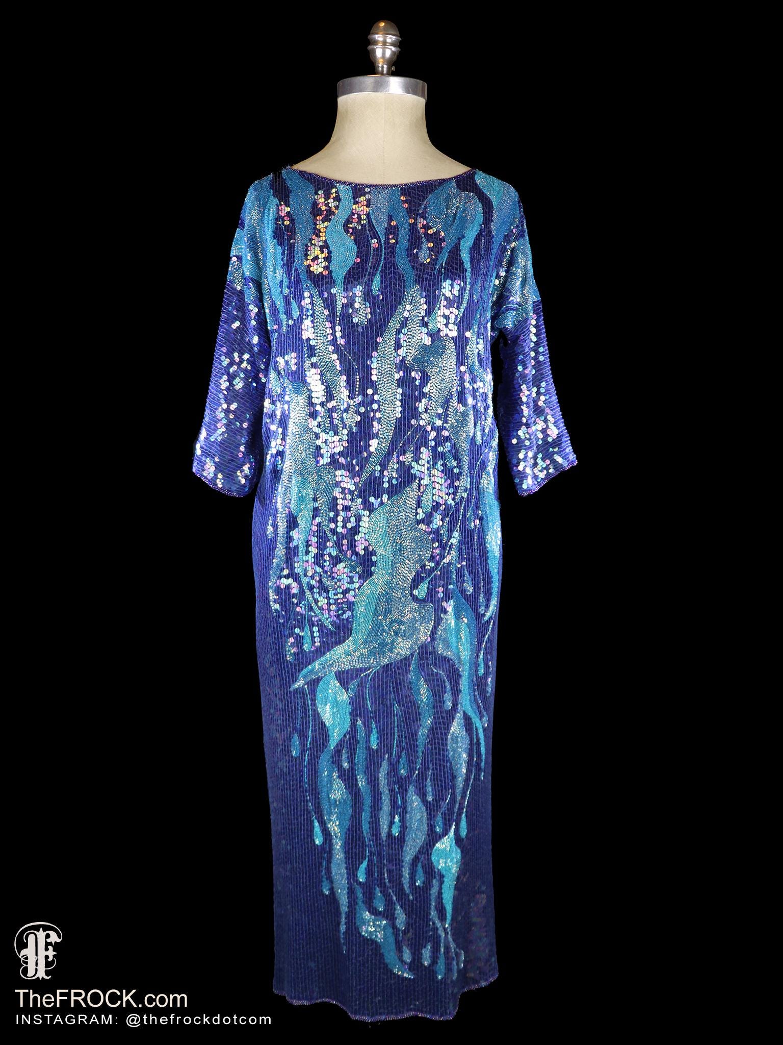Halston Beaded Sequined Evening Cocktail Dress Blue Beaded Flapper