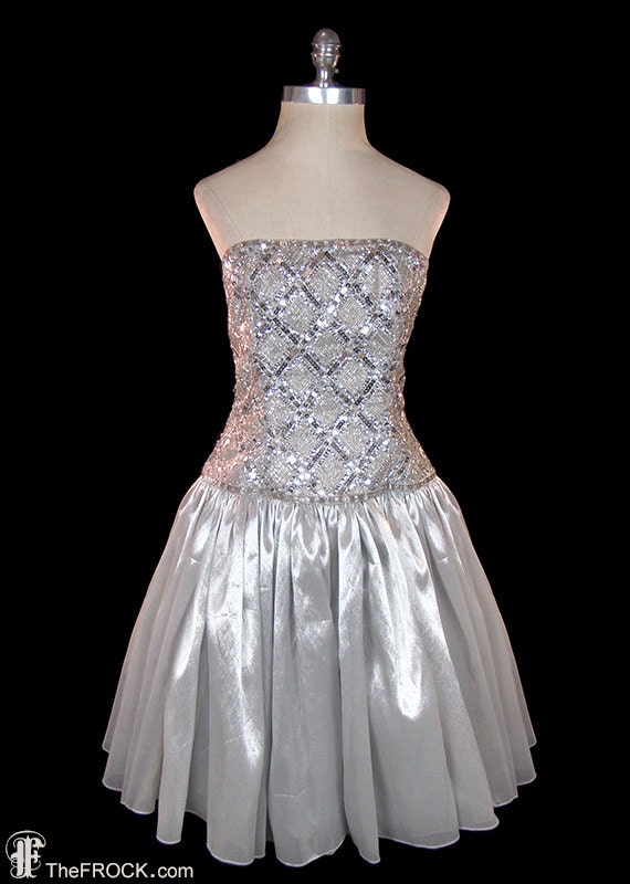 Oscar De La Renta Vintage Dress, Silver Glass Beads, Sequins, Metallic ...