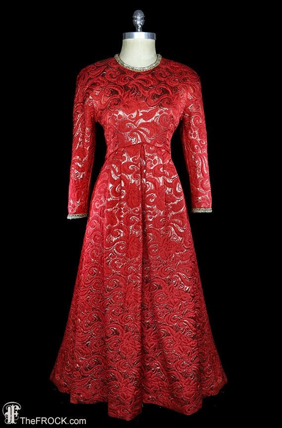 C. 1970 gold metallic red silk matelassé gown, la… - image 1