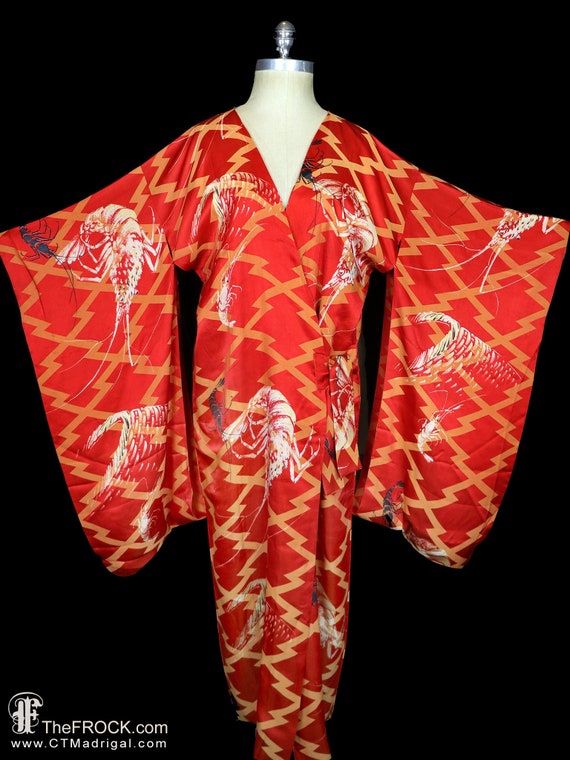 Antique silk robe, belted kimono furisode sleeves… - image 1