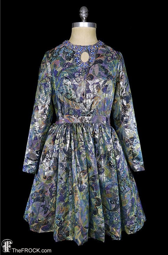 1960s Jeweled Metallic Lamé Dress, Heavily Beaded Gown, Rhinestone  Crystals, Long Sleeves, Couture Evening Red Carpet Cocktail Party, Blue