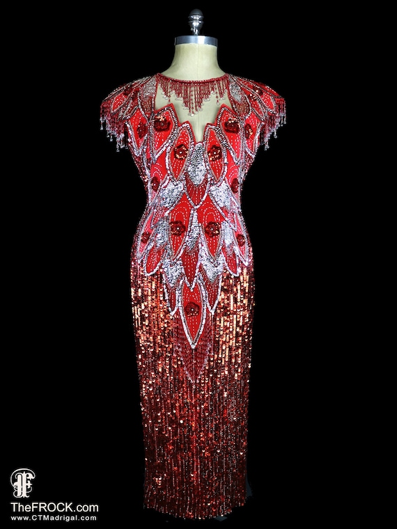 Red sequin gown beaded fringe dress, sleeveless r… - image 1