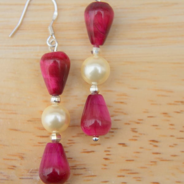 Red Tigers Eye and Shell Pearl Earrings, Womens Drop Earrings, Womens Gift, Earrings for Her.