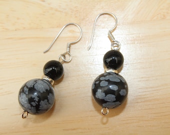 Snowflake Obsidian and Black Agate Earrings, 925 Sterling Silver, Chunky Earrings, Spotted Earrings.