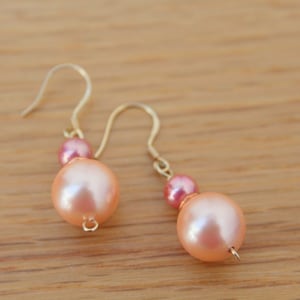 Shell Pearl Earrings, Pink Earrings, 925 Gold Sterling Silver, Evening Wear, Necklace to Match