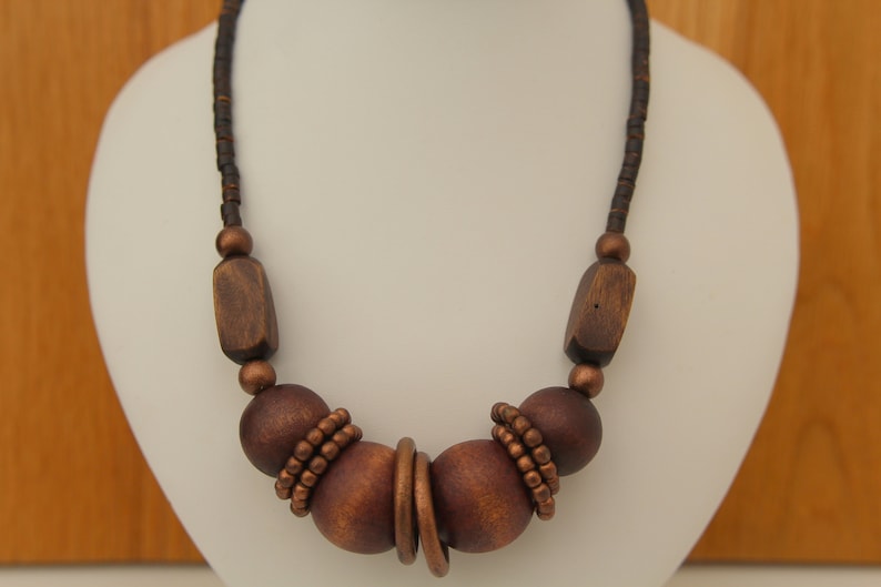 Multi Wooden Wood Retro Style Long Single Strand Earthy Tones Beaded Necklace