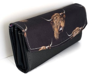 Highland Cow wallet, Ladies Handmade Purse, Clutch, gift for her, Mothers Day, ncw, necessary clutch, scottish, Scotland, black faux leather
