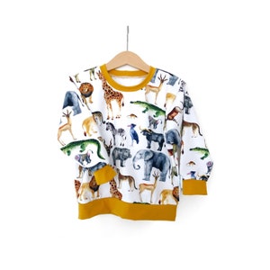 Safari jumper, top, sweater, long sleeved, mustard, zoo animals, elephant, long sleeve top, layering, winter clothes, clothing, boy, girl image 1
