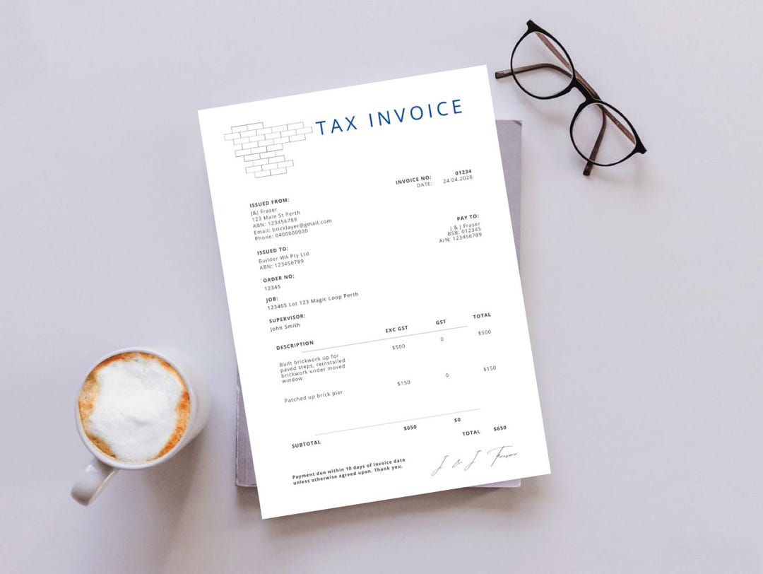 Aussie Bricklayer Tax Invoice Template, Simple GST Invoice, Australian ...