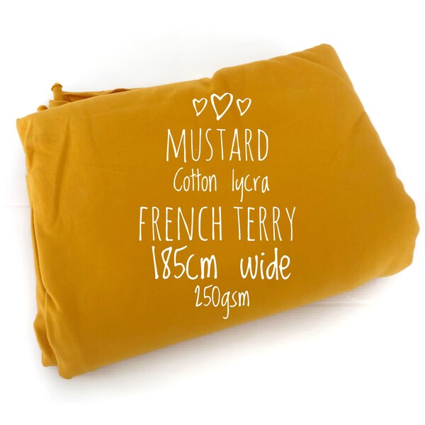 Mosterd French Terry, katoenlycra French Terry, extra breed 185cm, 250gsm, 95/5, wintergewicht, sweatshirtstof, winterstoffen