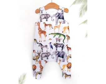 Safari romper, baby harem romper, safari baby clothes, safari baby outfit, elephant, giraffe, unisex baby clothing, unisex baby gift, unisex