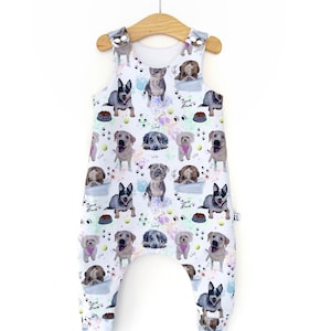 Dog romper, dogs, baby harem romper, baby clothes, baby outfit, unisex baby clothing, unisex baby shower gift, staffy, Labrador, dog lover,