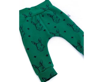 Green bunnies Baby harem pants, Easter, Size 0, 6-9 months, Australian, trousers, drop crotch, clothes, gift, boy, girl, unisex