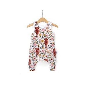 Highland Cow romper, baby harem romper, Heilan Coo, girls clothes, Scottish, Flowers, Floral, baby outfit, baby girl clothing, Scotland