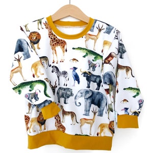 Safari jumper, top, sweater, long sleeved, mustard, zoo animals, elephant, long sleeve top, layering, winter clothes, clothing, boy, girl image 2