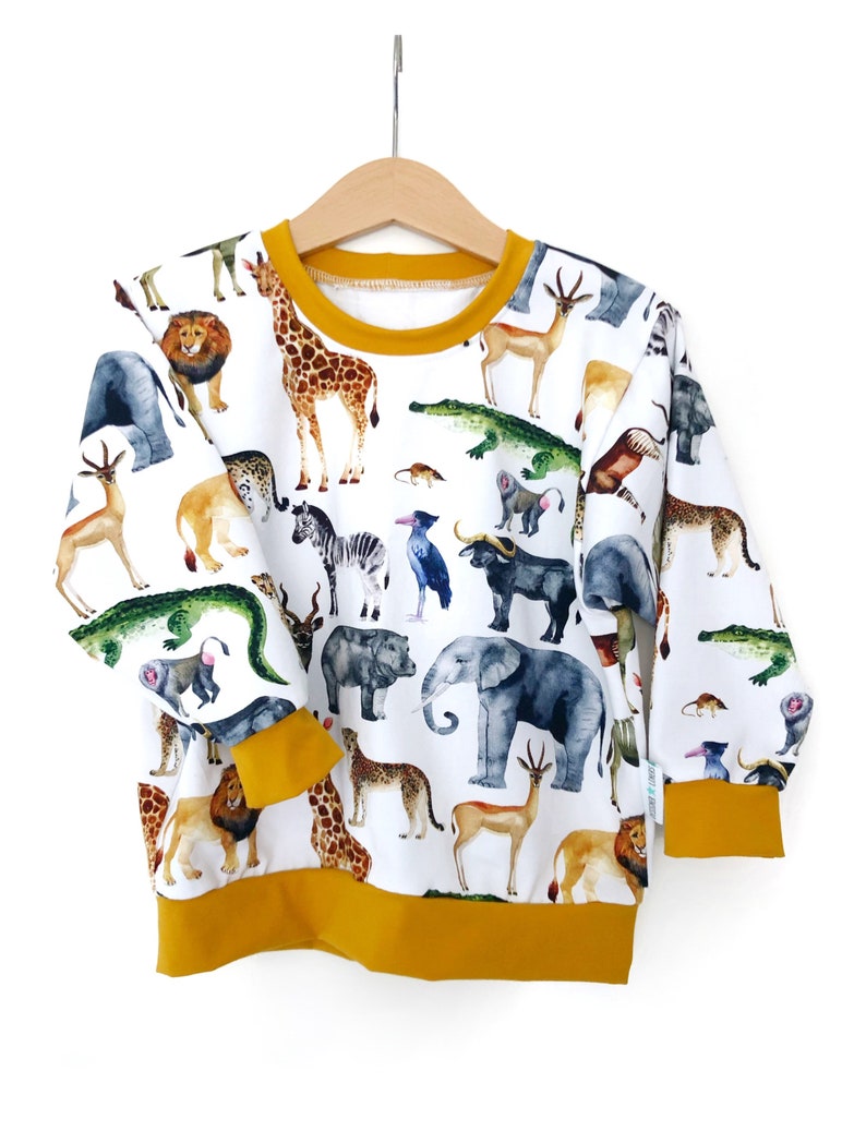 Safari jumper, top, sweater, long sleeved, mustard, zoo animals, elephant, long sleeve top, layering, winter clothes, clothing, boy, girl image 2