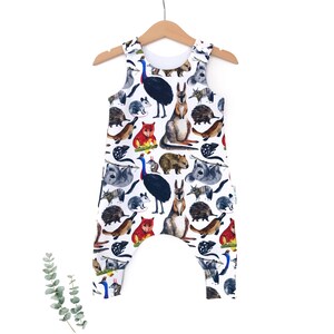Aussie animals romper, baby harem romper, Australian baby clothes, australiana, baby outfit, unisex baby clothing, unisex baby shower gift