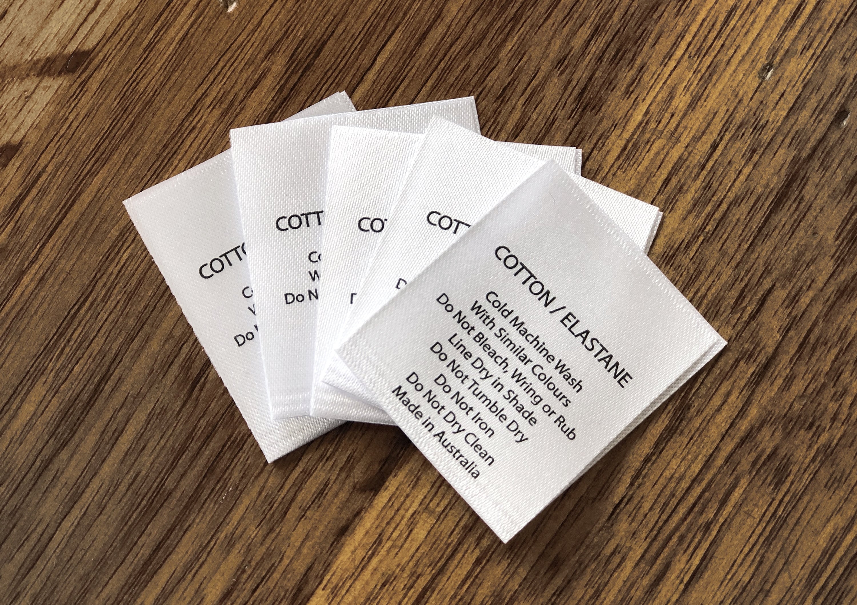 Washing Care Instructions Labels, Satin Labels, Cotton Elastane, Cotton Spandex, Wash labels, Care tags, sew in tags, CL, 220 230 gsm