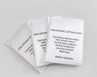 Labels wasonderhoudsinstructies, satijnen labels, 100% biologisch katoen en hennep, geweven, waslabels, waslabels, innaailabels