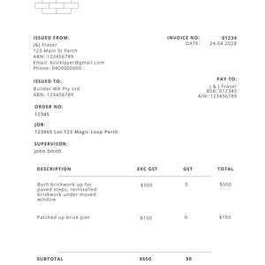 Aussie Tradesman Tax Invoice Template, Simple GST Invoice, Australian ...