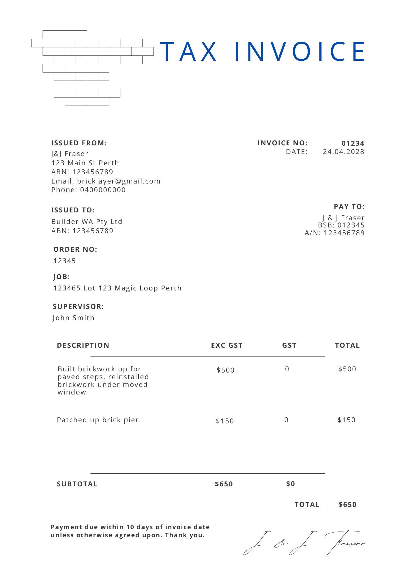 Aussie Tradesman Tax Invoice Template, Simple GST Invoice, Australian ...