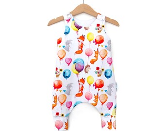 Woodland romper, baby harem romper, Animals baby clothes, balloons outfit, fox, bunnies, bunny, unisex baby clothing, baby shower gift, girl