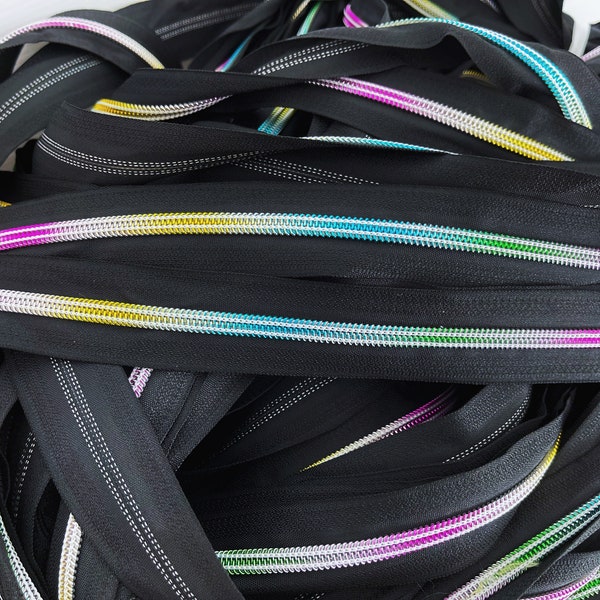 Rainbow zipper tape, #5, number 5, zip tape, zips, black, navy, nylon metallic, multi coloured, bag making, purse, australian, per metre