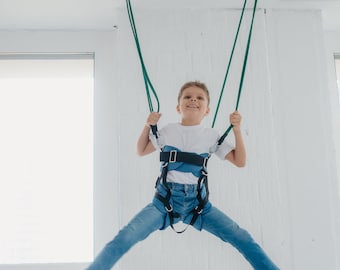 Pode incluir: Um arnês azul e preto com alças ajustáveis e fivelas de metal, suspenso por duas longas cordas verdes presas ao teto. O arnês foi projetado para apoiar o tronco e a cintura, apresentando um ajuste seguro com vários pontos de conexão.