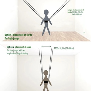 Pode incluir: Um diagrama mostrando duas op&ccedil;&otilde;es de posicionamento de cordas el&aacute;sticas para um arn&ecirc;s. A op&ccedil;&atilde;o 1 para saltos altos mostra ganchos a 270-300cm de dist&acirc;ncia a uma altura de 260-300cm. A op&ccedil;&atilde;o 2 para saltos baixos mostra 70-80cm.