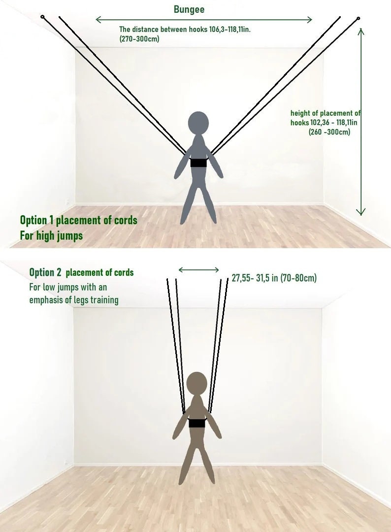 Pode incluir: Um diagrama mostrando duas op&ccedil;&otilde;es de posicionamento de cordas el&aacute;sticas para um arn&ecirc;s. A op&ccedil;&atilde;o 1 para saltos altos mostra ganchos a 270-300cm de dist&acirc;ncia a uma altura de 260-300cm. A op&ccedil;&atilde;o 2 para saltos baixos mostra 70-80cm.