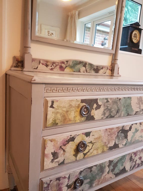 Vintage Chest Of Drawers With Mirror Dressing Table Decoupage Upcycled Furniture Painted