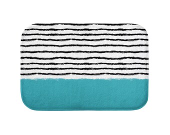 Solid Striped Bath Mat, Blue, Watercolor, Lines, Boho, Color, Black and White, Simple, Abstract, Modern, Rugs, Rug, Non-Slip, Bathroom Mats