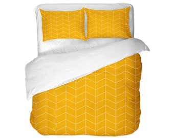 Yellow Herringbone Duvet Cover / Comforter / Pillow Shams. Geometric, Chevrons Pattern, Sun Color, Twin, Full, Queen, King, Nordic, Bedding