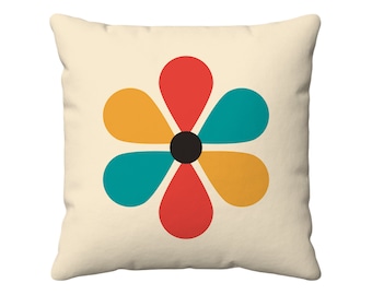 Mid Century Flower Throw Pillow, Nordic Motif, Retro, Blue, Red, Yellow, Geometric, Decorative Pillows, Modern, Cushion, Indoor, Outdoor