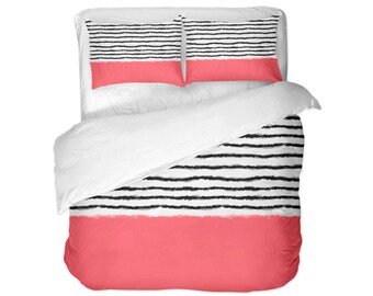 Solid Striped Watercolor Duvet Cover / Comforter / Pillow Shams. Stripes, Black, Coral, Pink, Lines, Modern, Color, Nice, Full, Queen, King