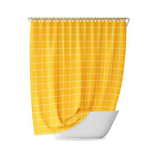 Yellow Grid Shower Curtain, Bathroom Curtains, Striped, Lines, Grided, Geometric, Color, Colour, Sun, Modern, Minimal Decor, Simple Bath