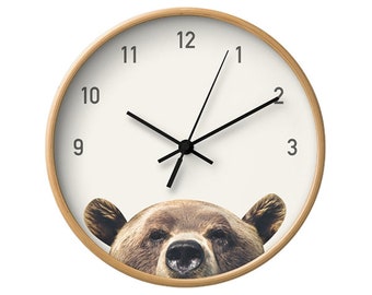 Bear Wall Clock, Numbers, Kids, Children, Nature, Hidden Animal, Animals, Cream, Cute, Nordic, Forest, Wood Clocks, Minimal, Gift, Bedroom