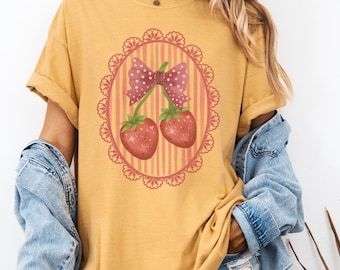 Comfort Colors Coquette Strawberry Shirt | Pink Stripe Lace Frame Strawberry Feminine Cottagecore Tee | Bow Aesthetic Sweatshirt