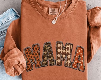 Mama Thanksgiving Shirt or Sweatshirt, Faux Patchwork Applique Print, Comfort Colors or Gildan Option, Gift for Mom