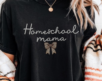 Comfort Colors  Homeschool Mama Shirt: Trendy FAUX Pearl Design with a Coquette Cheetah Print Bow