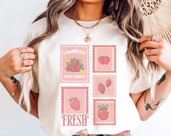 Strawberry Stamp Vintage Distressed Comfort Colors Tee | Cottagecore Fruit Farmers Market Shirt and Retro Sweatshirt