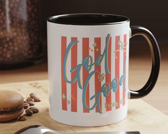 Taza con el mensaje "Dios es bueno" / Taza de café cristiana con el Salmo 107:1 / Taza retro a rayas con temática religiosa