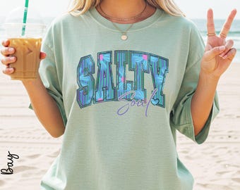 Comfort Colors Salty Soul Shirt, Beachy Graphic T-Shirt & Sweatshirt, Coquette Stripe Varsity Shirt, Summer Beach Vibes Tee, Salty Soul Top