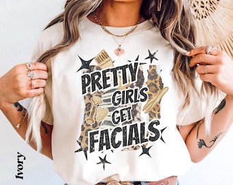 Comfort Colors Esthetician T-Shirt: Scrapbook Style Cheetah Print Pretty Girls Get Facials Distressed Shirt