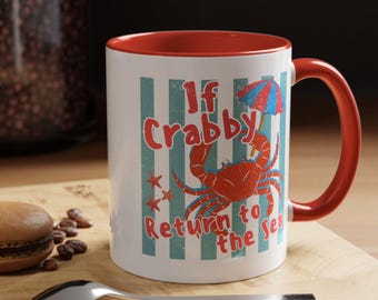 Taza con diseño de cangrejo "Si eres gruñón, regresa al mar" – Taza divertida de café playera / Taza con diseño de cangrejo costero