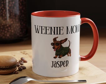 Taza de café personalizada con acento de Weenie Mom (11 oz y 15 oz): Taza bicolor